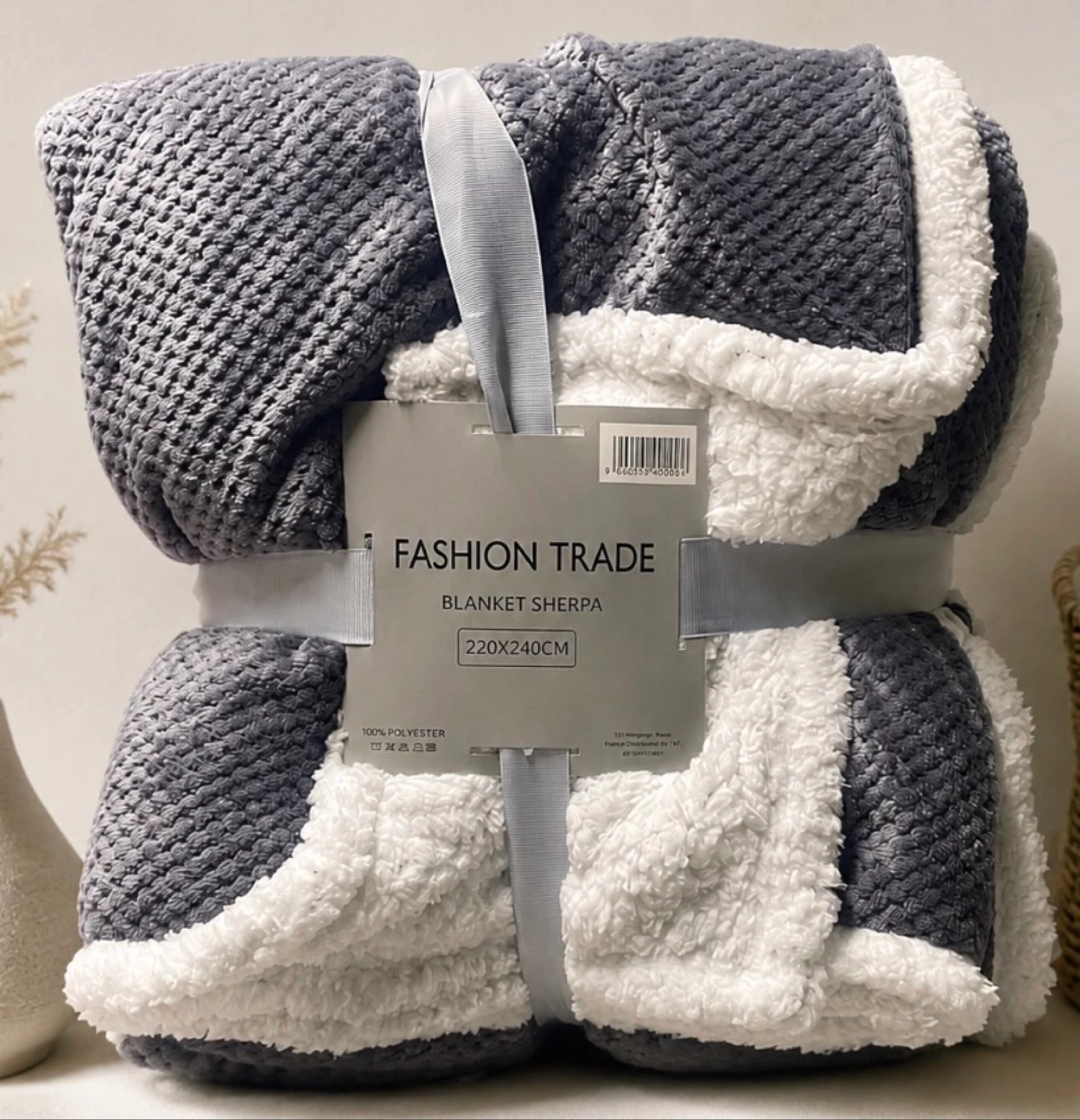 Plaid couverture sherpa gris et blanc 240 x 120 cm